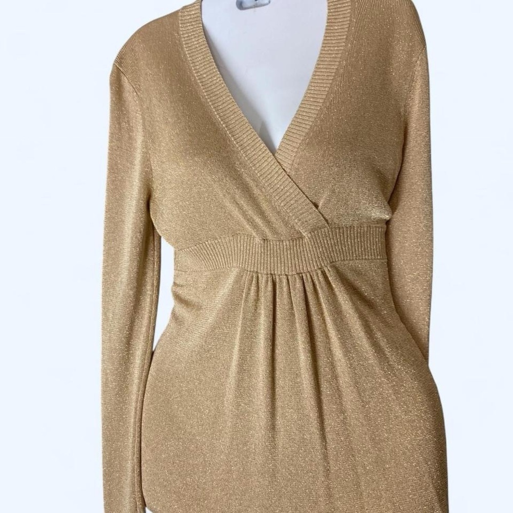 LOFT gold metallic long sleeve v neck long blouse Size M
